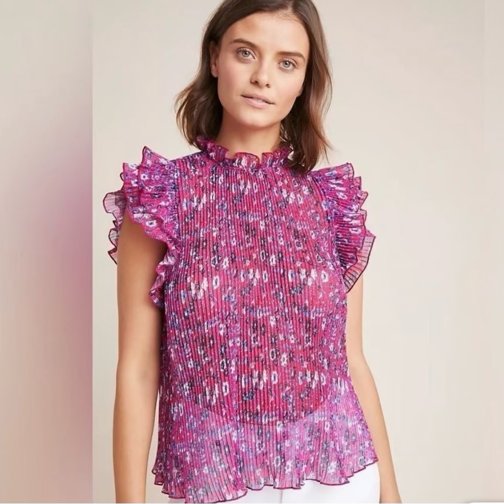 Anthropologie Floral Freida Pleated Ruffle Blouse